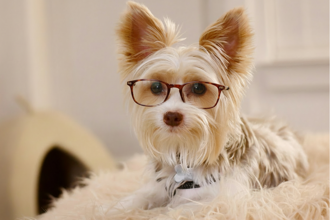 Small dog wearing glasses lying on a fluffy surface