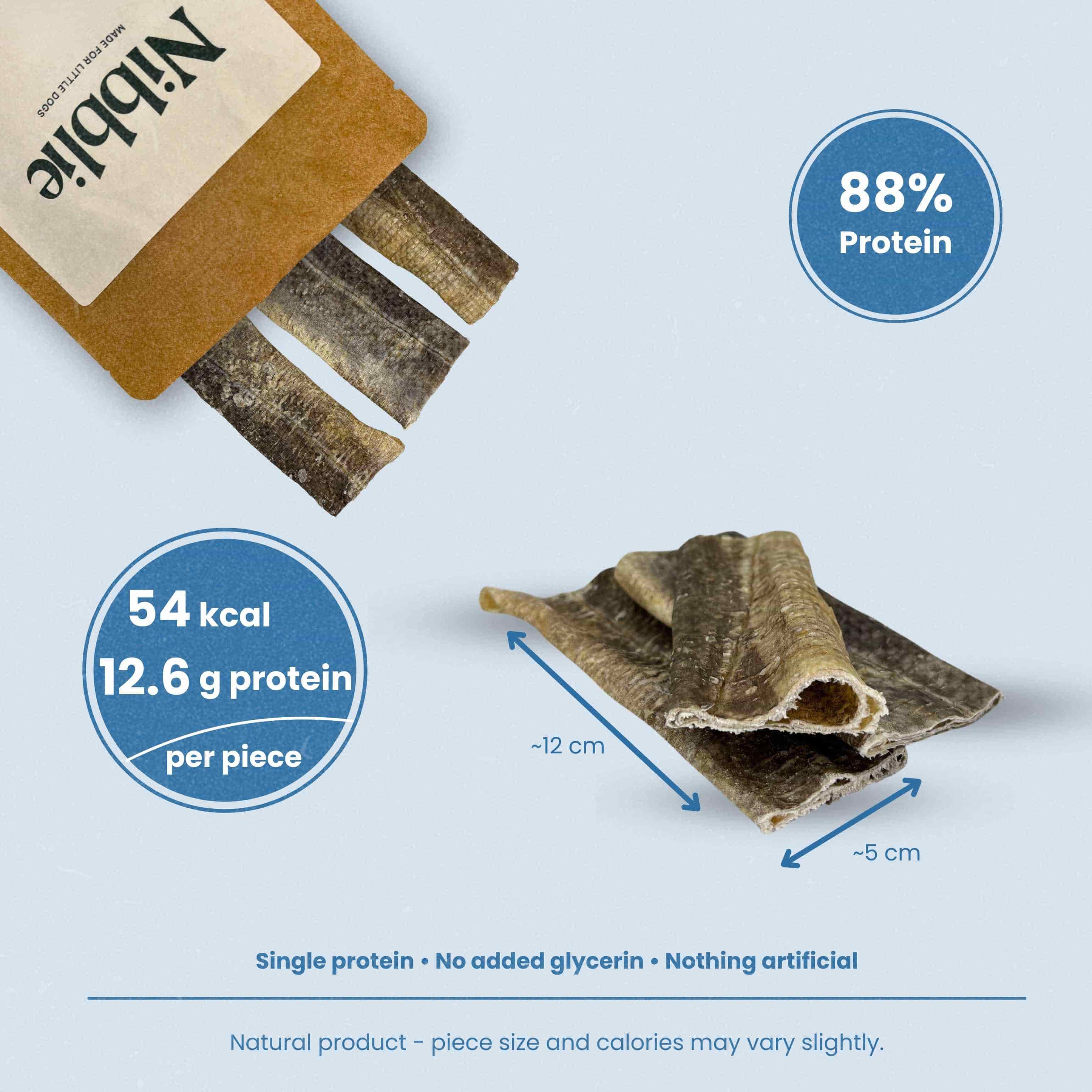 Nibblie Fish Skin Flatties – natural fish treats for small dogs, high-protein single-protein fish skins.