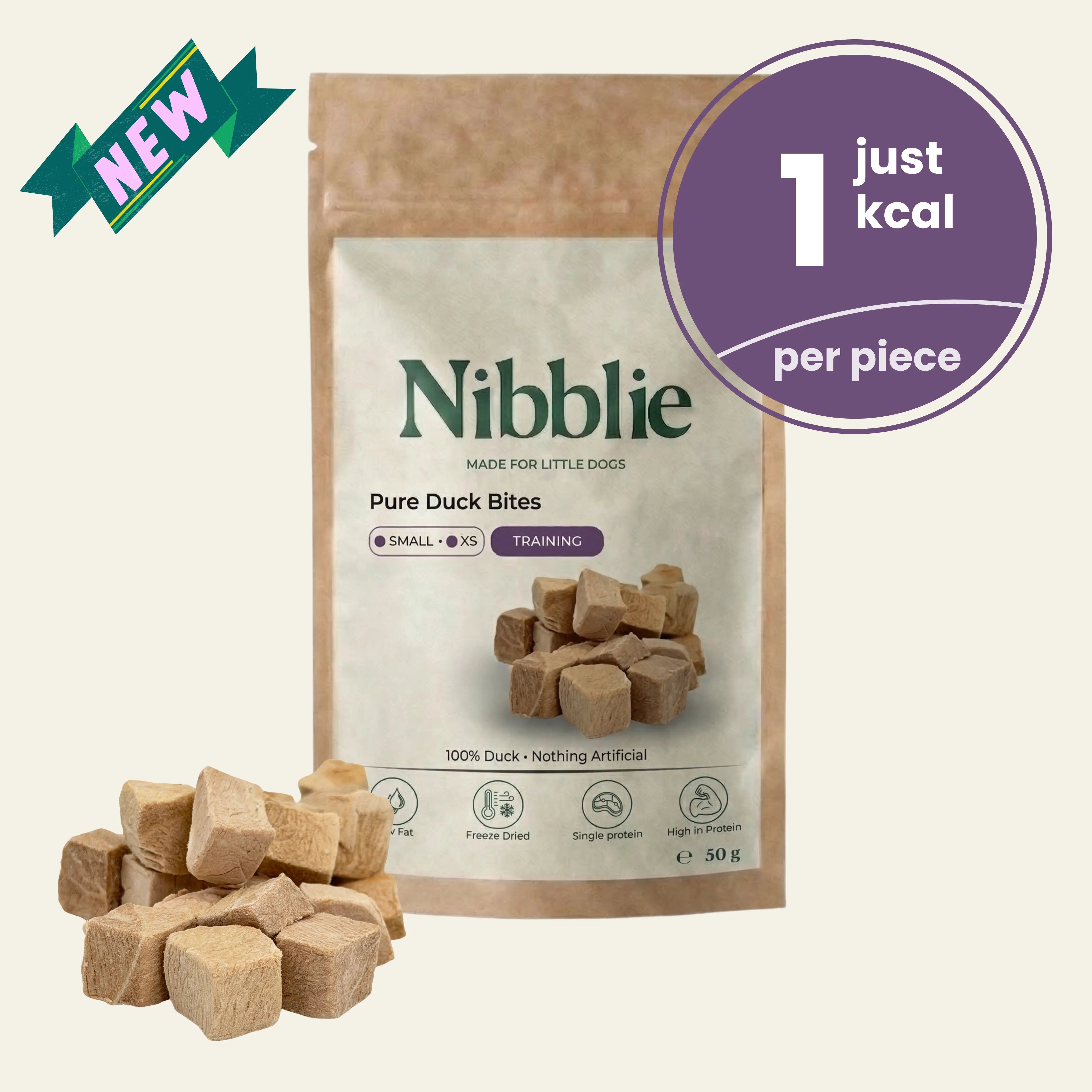 Nibblie Pure Duck Bites 1kcal freeze-dried treats for small dogs, hypoallergenic 100% duck meat cubes for low calorie training, 50g pouch.