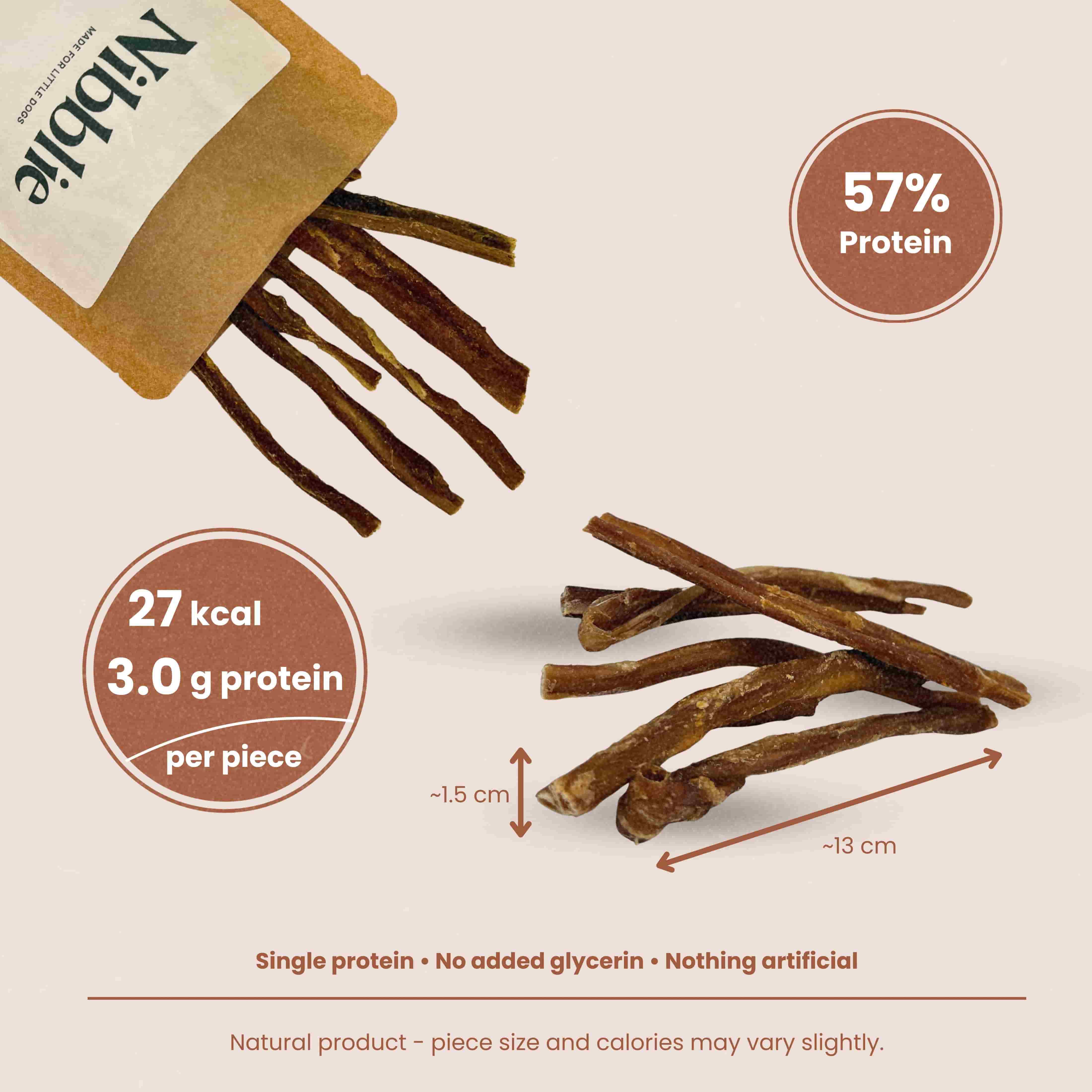 Nibblie Lamb Gullet Spaghetti – soft natural chew strips for small dogs, single-protein lamb, air-dried.