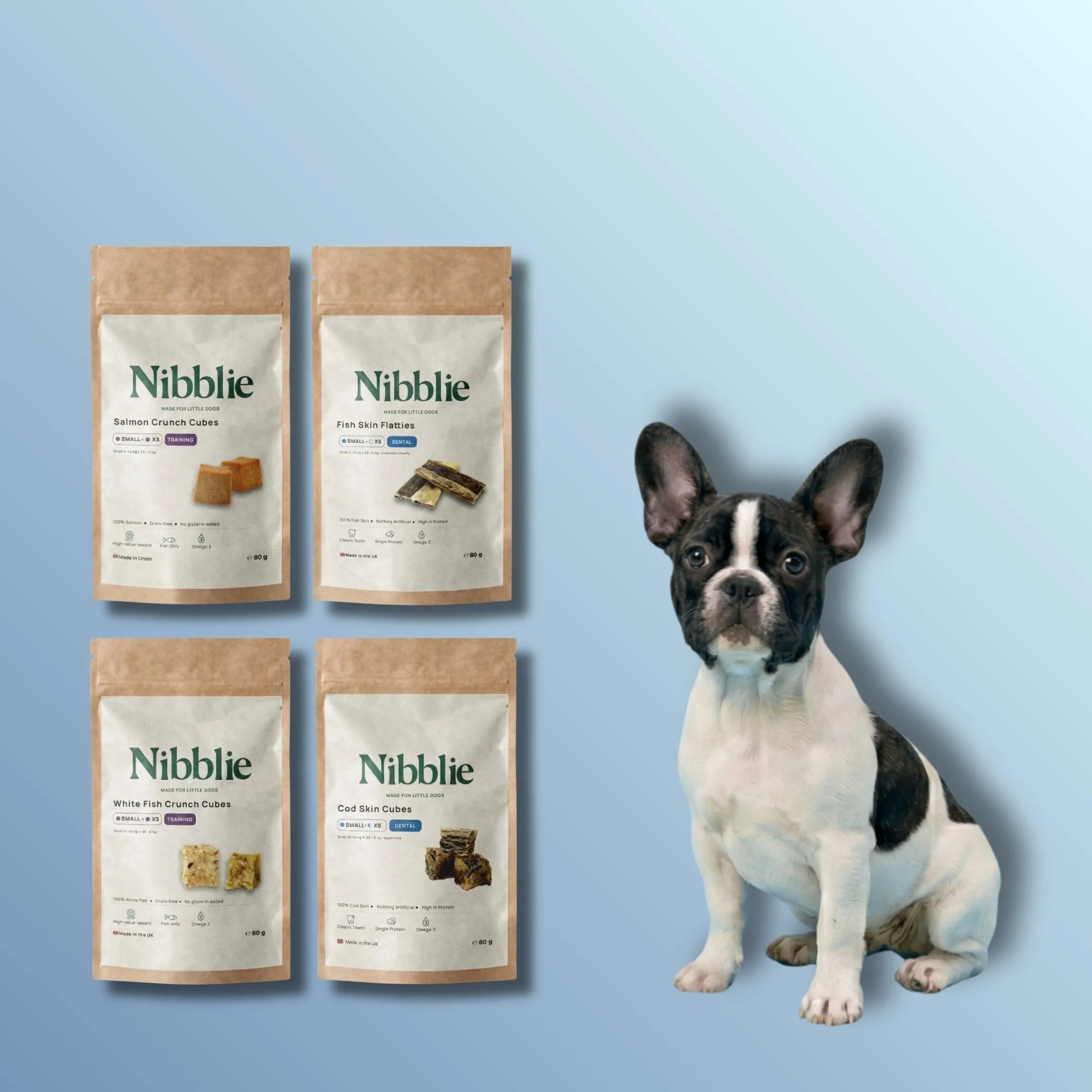 Four Nibbbie packages with a dog on a blue background