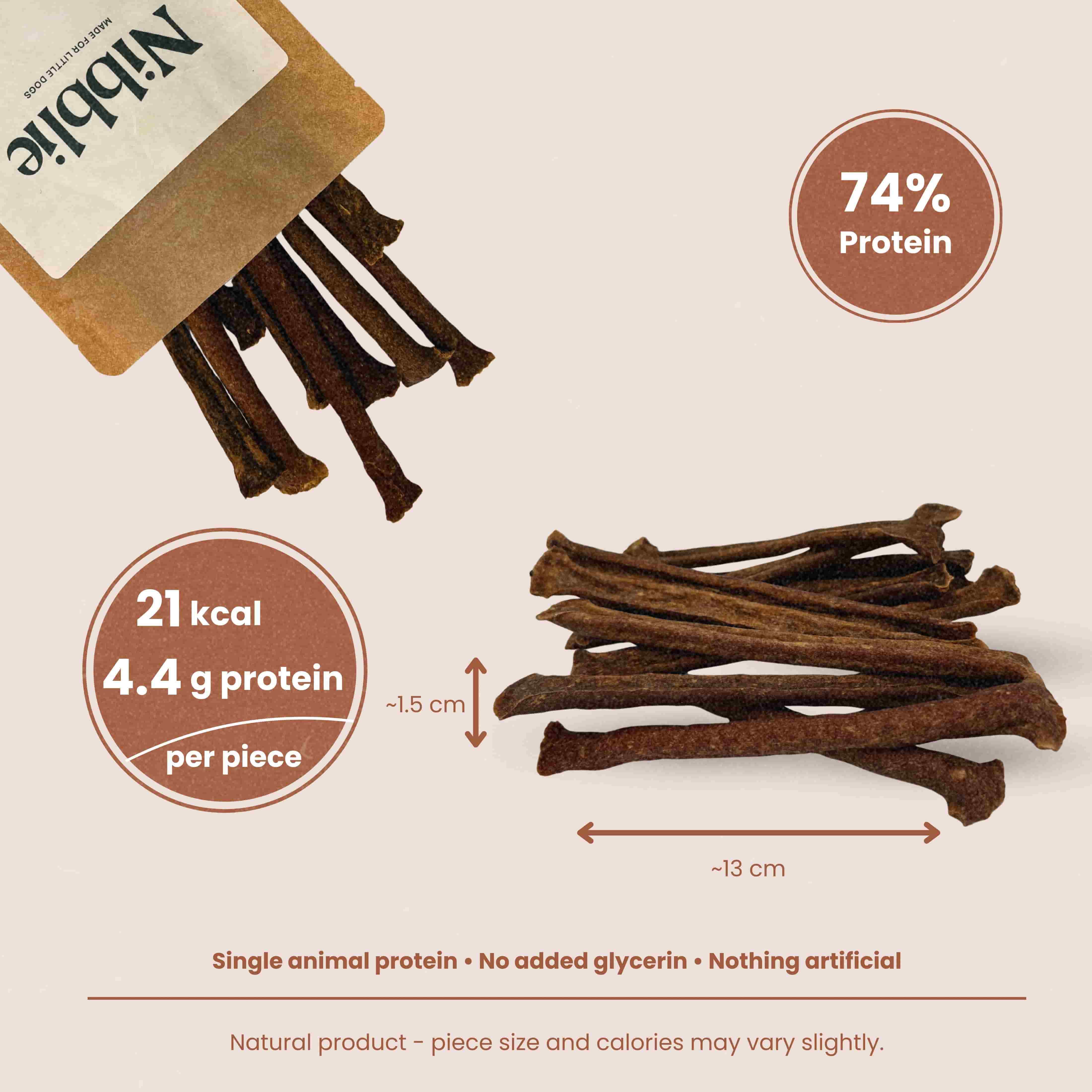 Nibblie Ostrich Muscle Sticks – natural low-fat chew sticks for small dogs, single-protein ostrich.