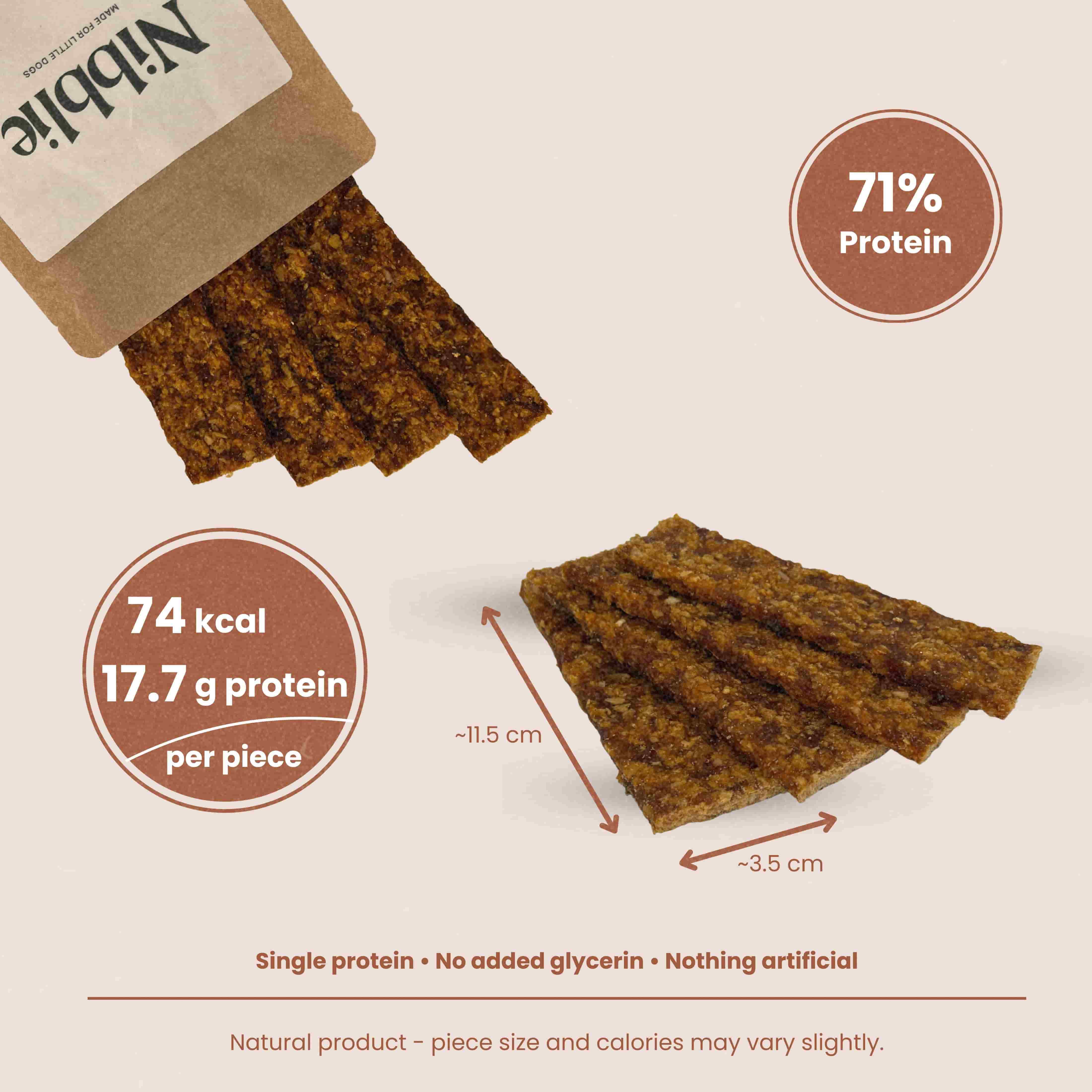 Nibblie Rabbit Tender Strips – natural soft rabbit treats for small dogs, single-protein and air-dried.