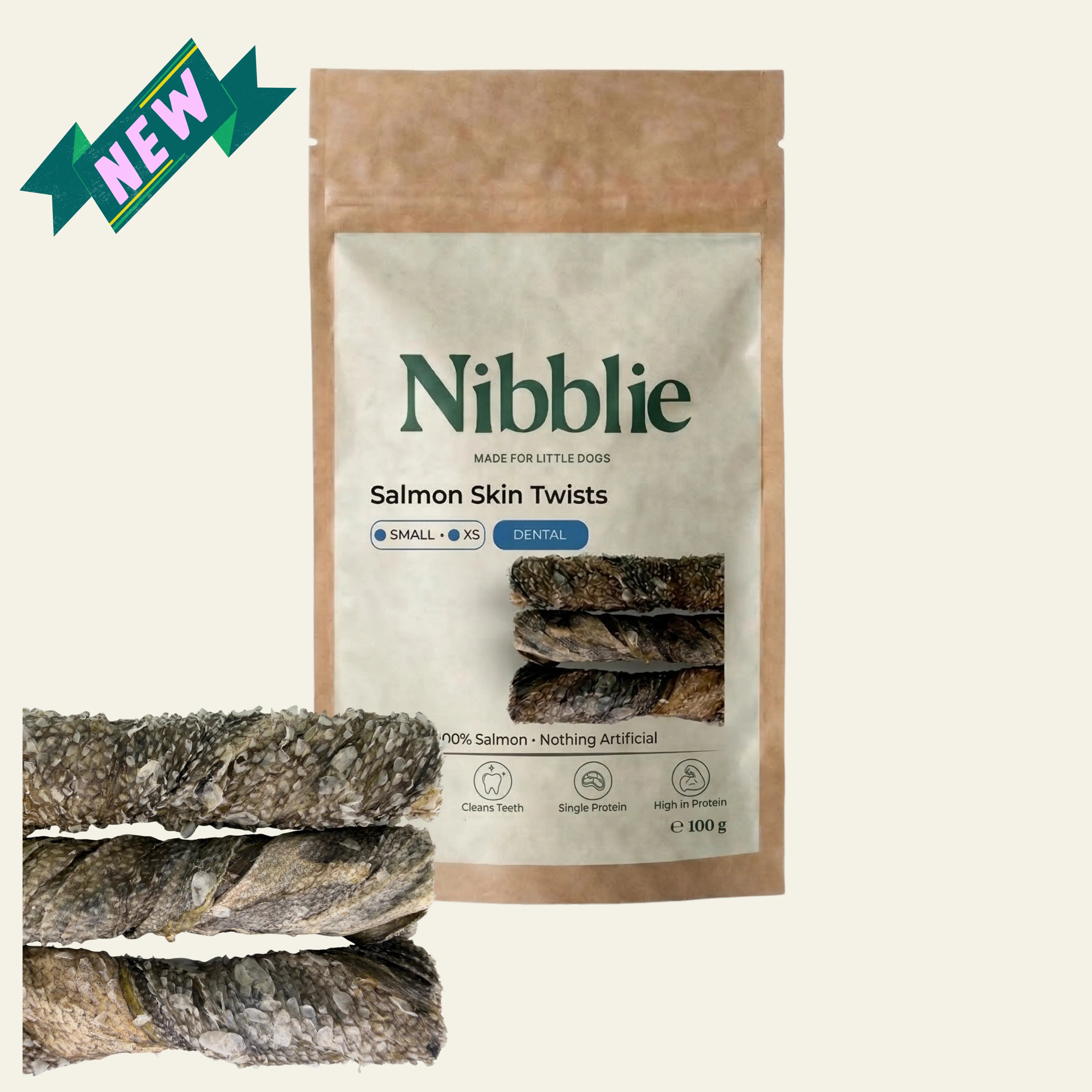 Nibblie Salmon Skin Twists dental dog chews, 100% natural fish skin twists for healthy teeth and gums, high protein treats, 100g pack.