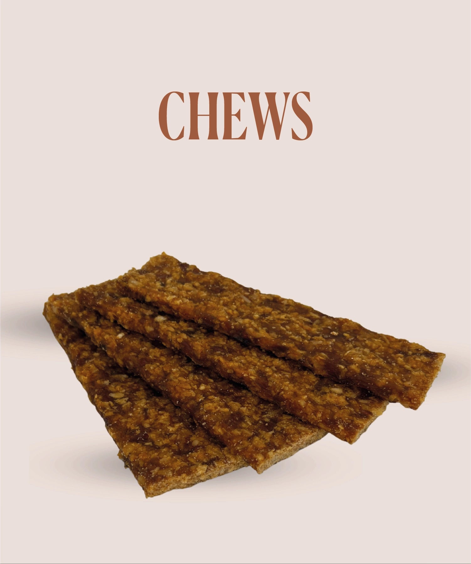 Dog chews stacked on a beige background with 'CHEWS' text above.