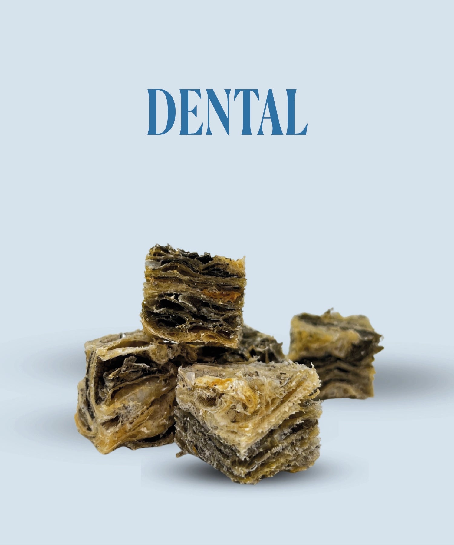 Fish Skin Cubes stacked on a light blue background with 'DENTAL' text above.