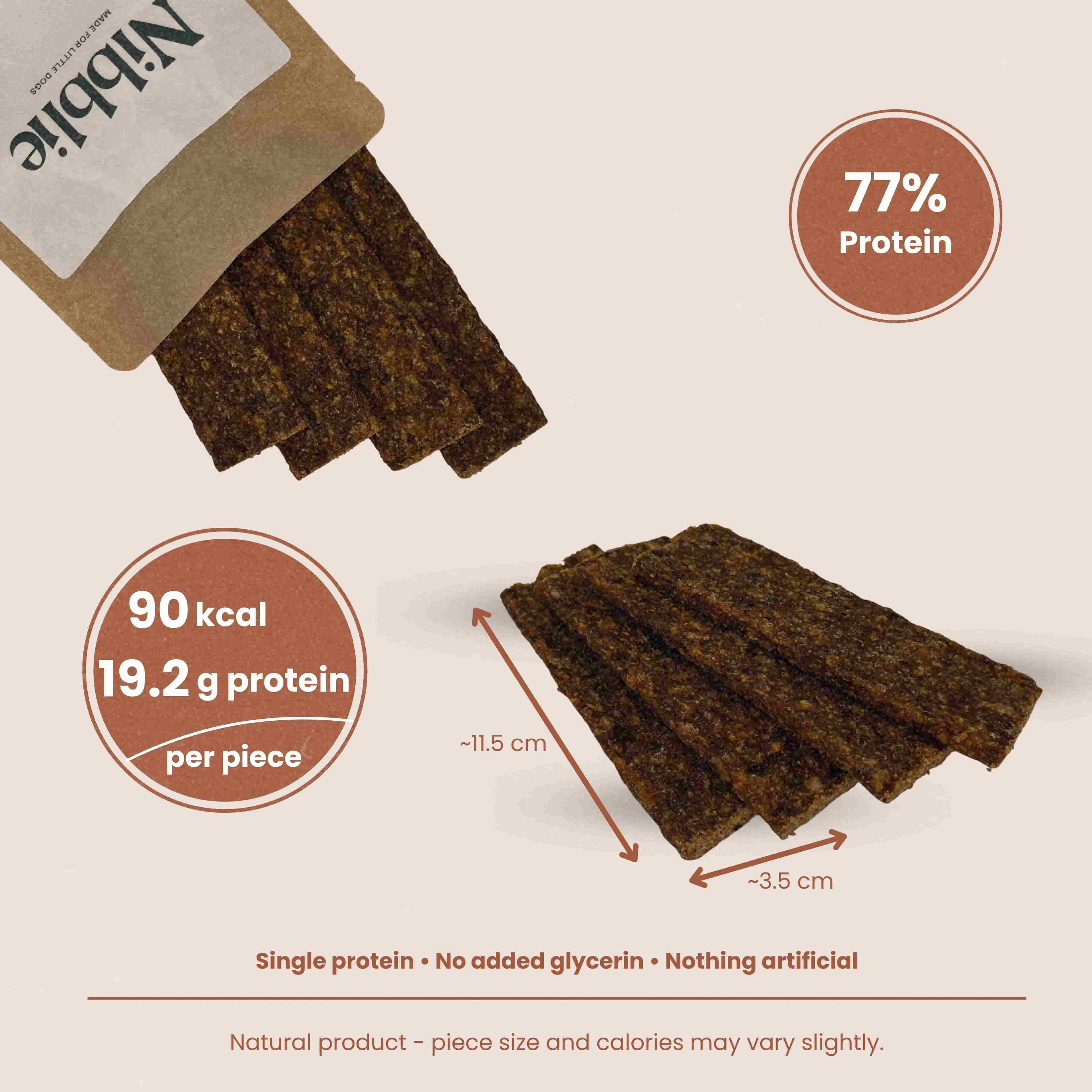 Nibblie Venison Tender Strips – natural high-protein venison treats for small dogs, single-protein and air-dried.