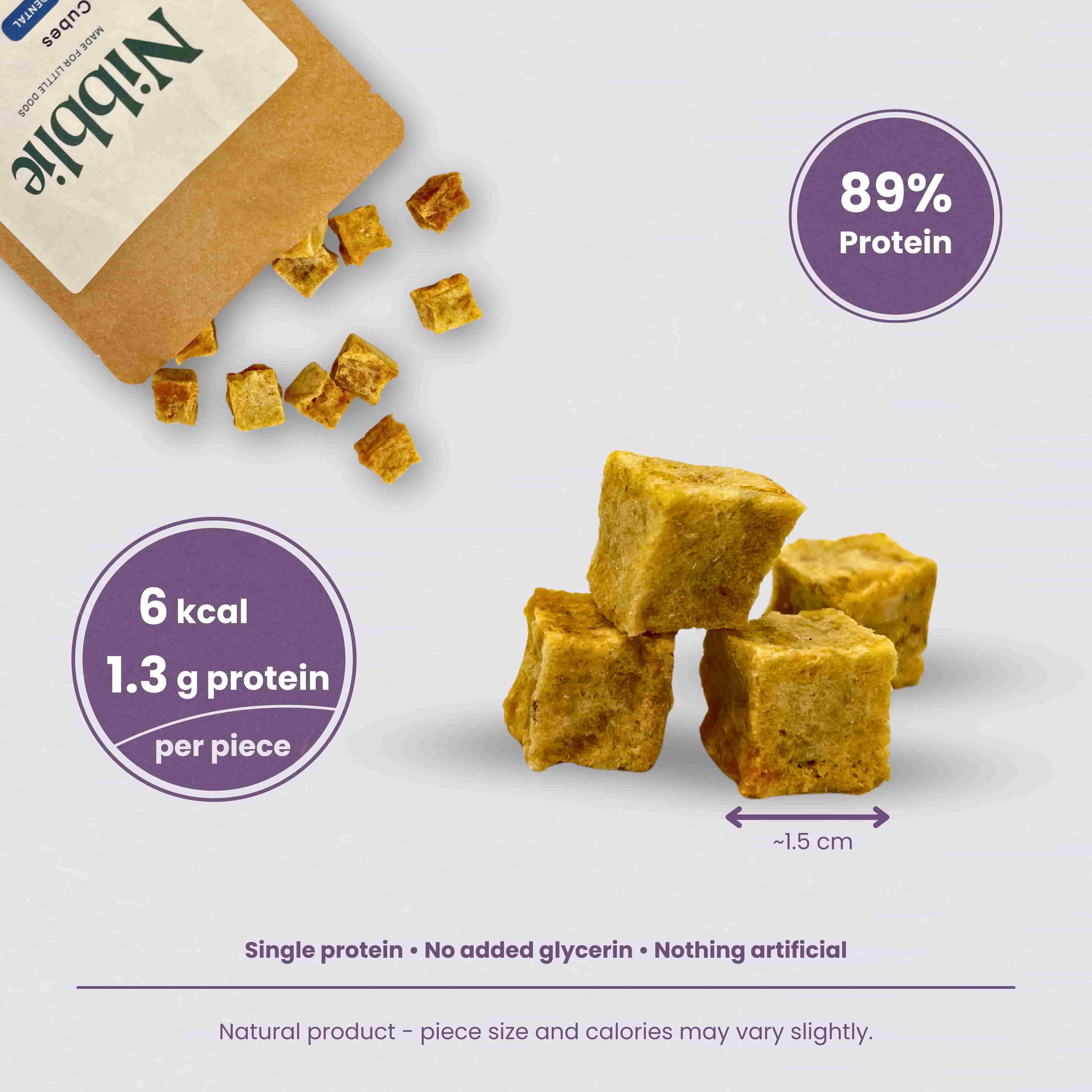 Nibblie White Fish Crunch Cubes – natural crunchy white fish treats for small dogs, high-protein single-protein cubes.