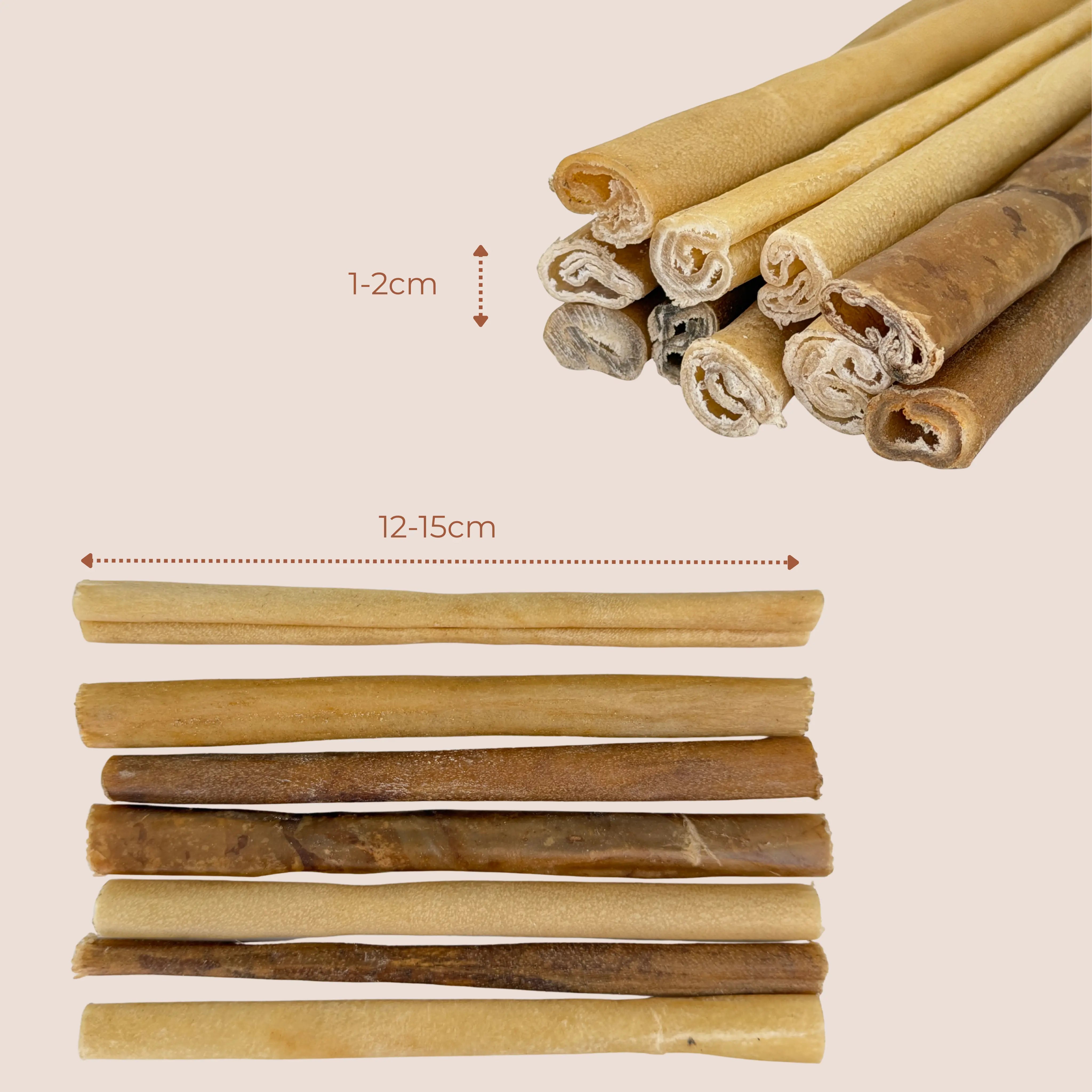 Buffalo Collagen Sticks size guide for small dogs, showing 12–15cm length and 1–2cm thickness
