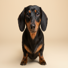 Miniature Dachshund warm sand background.
