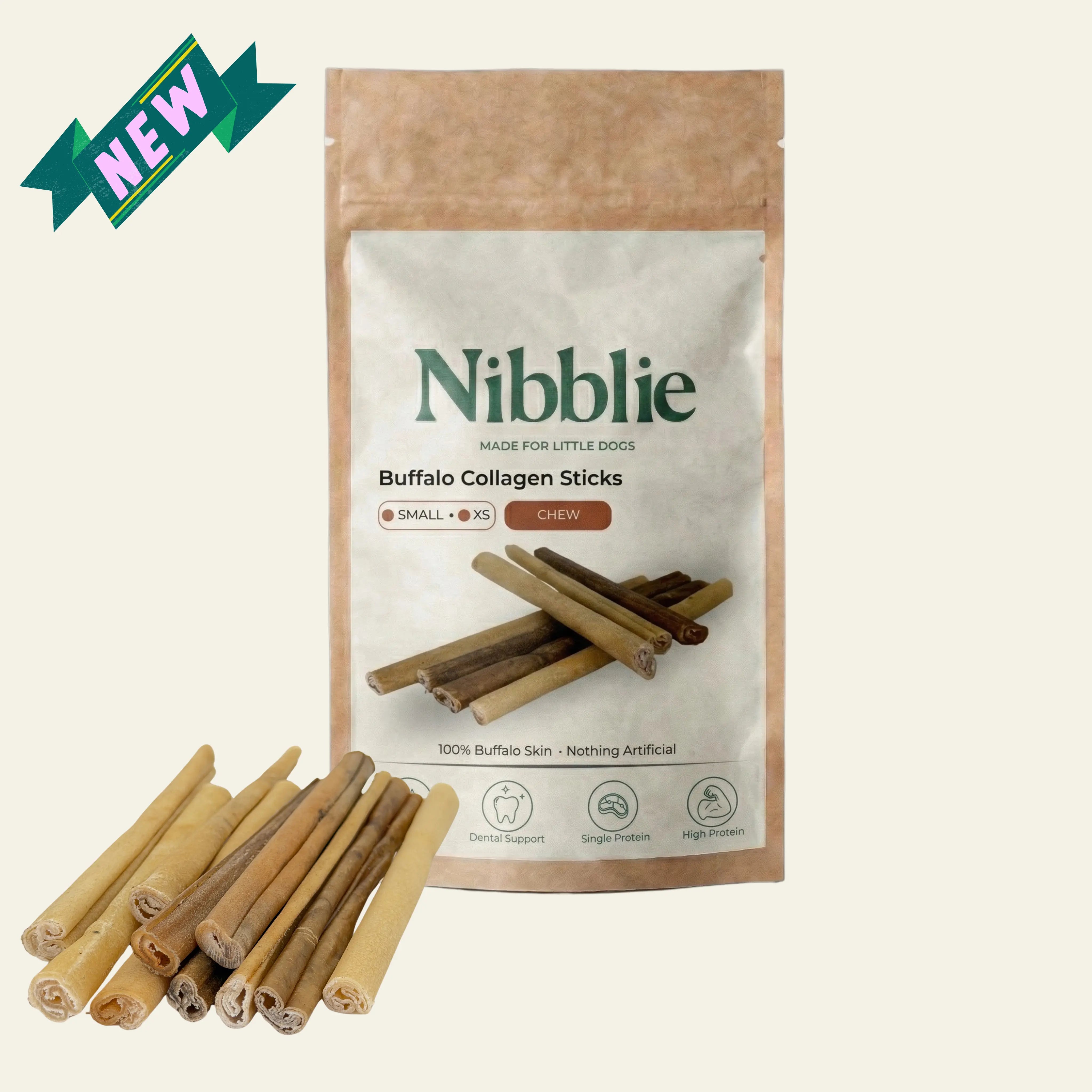 Nibblie Buffalo Collagen Sticks for small dogs in pouch packaging with natural buffalo sticks shown in front
