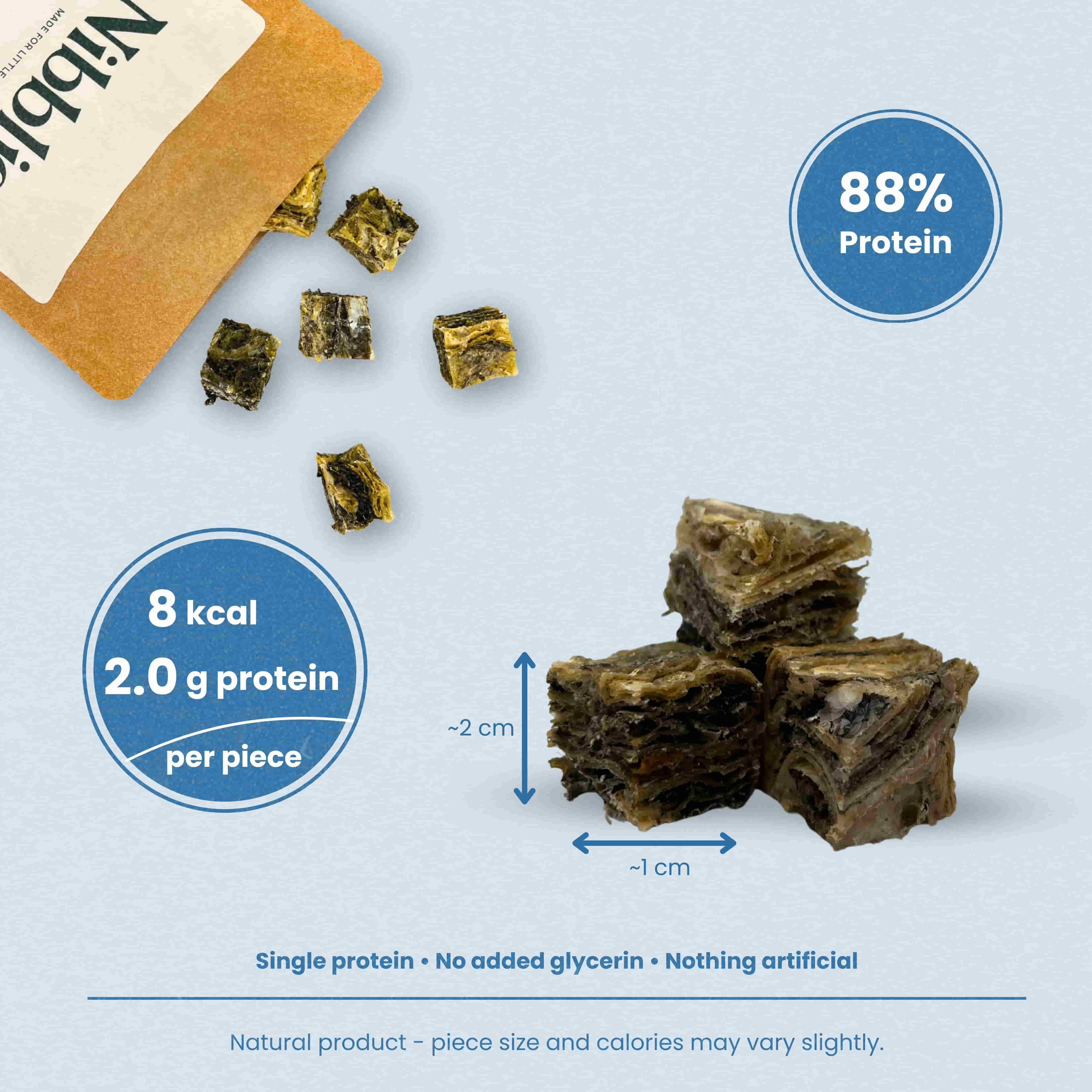 Nibblie Cod Skin Cubes – natural single-protein fish treats for small dogs, crunchy bite-size cubes.