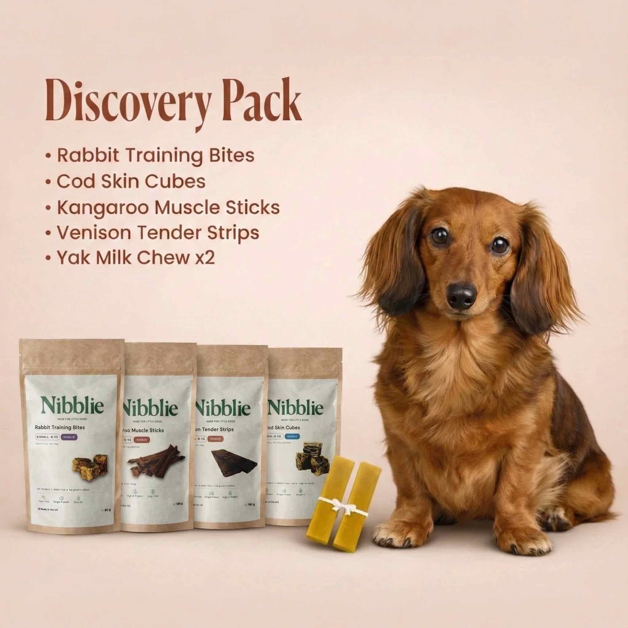 Nibblie Discovery Pack for small dogs, a dachshund sitting beside four small-breed treat pouches and two yak milk chews on a soft beige background.
