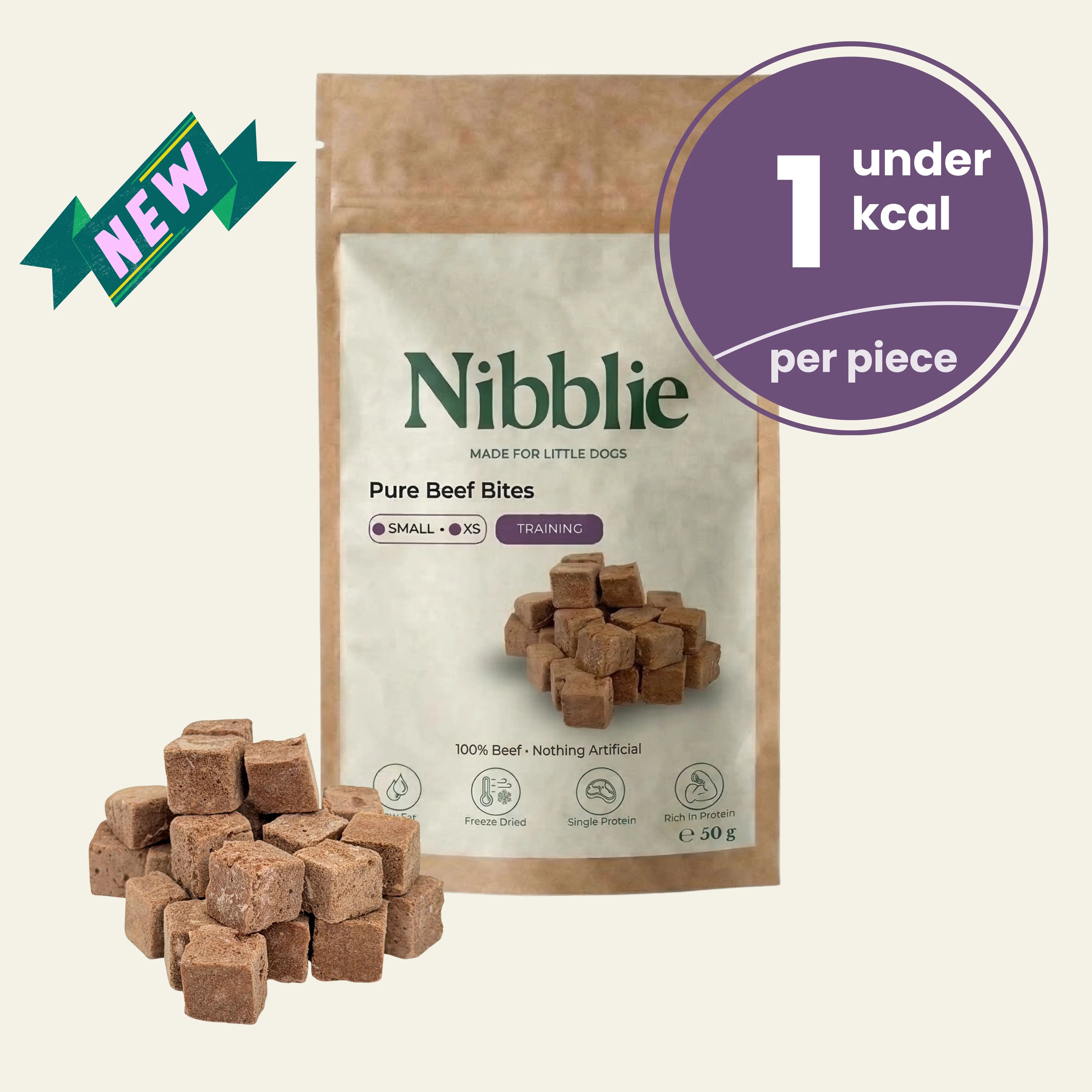 Nibblie Pure Beef Bites for small dogs, 1kcal freeze-dried beef training treats, 100% natural single protein beef cubes, 50g pouch.