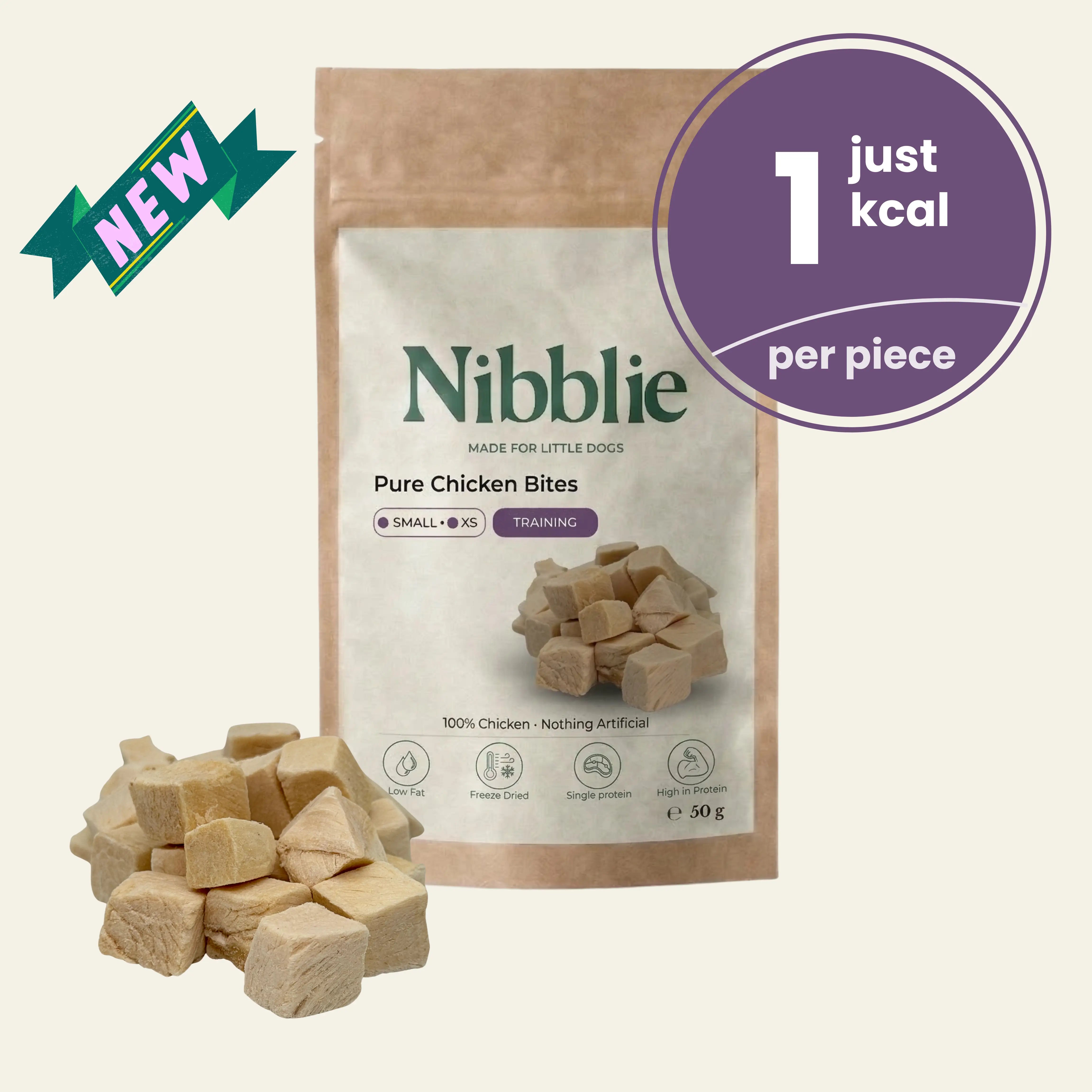 Nibblie Pure Chicken Bites 1kcal freeze-dried dog treats, low calorie natural chicken breast cubes for training small and XS dogs, 50g bag.