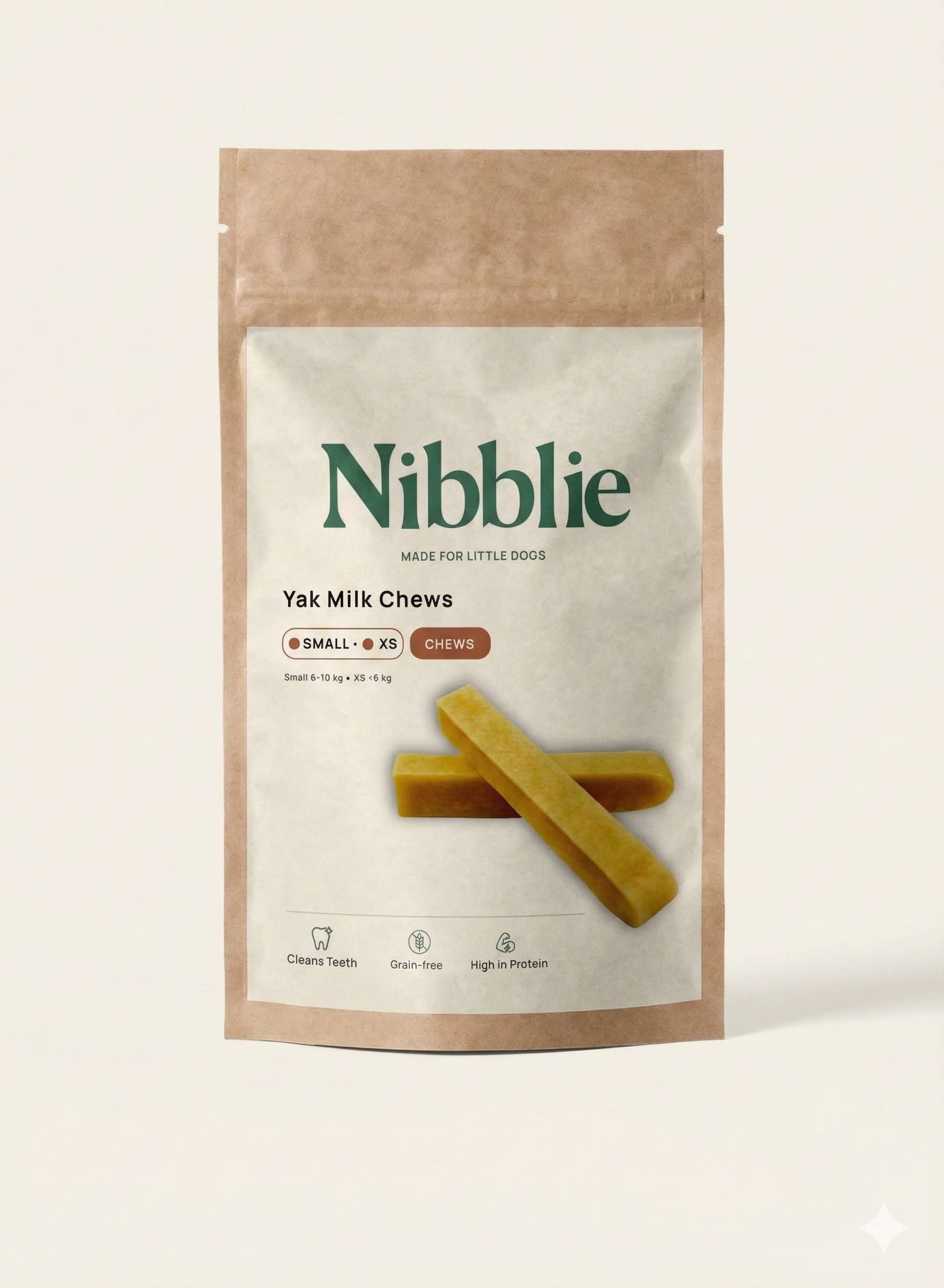 Package of Nibbbie Yak Milk Chews on a beige background