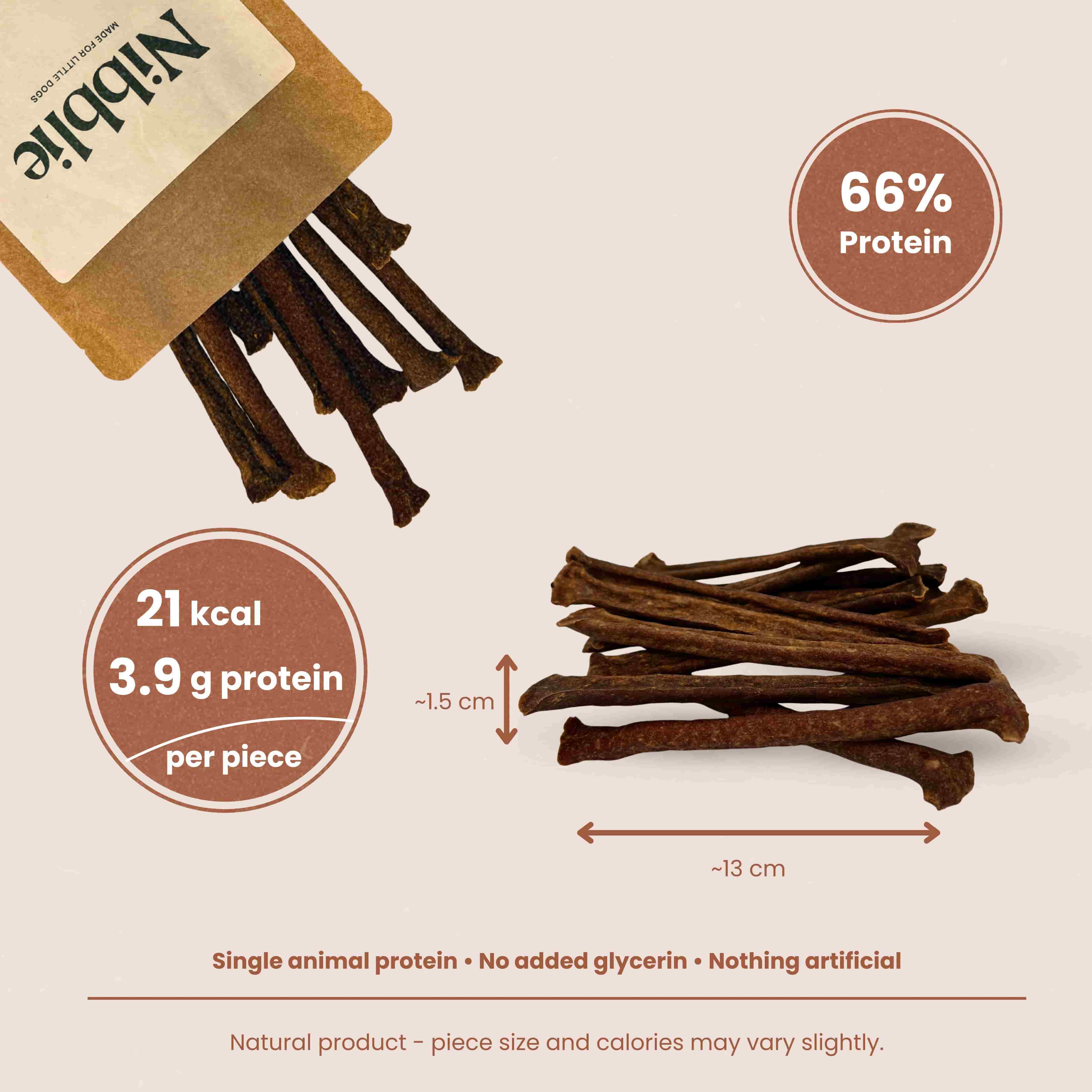 Nibblie Kangaroo Muscle Sticks – natural single-protein chew sticks for small dogs, air-dried and high protein.