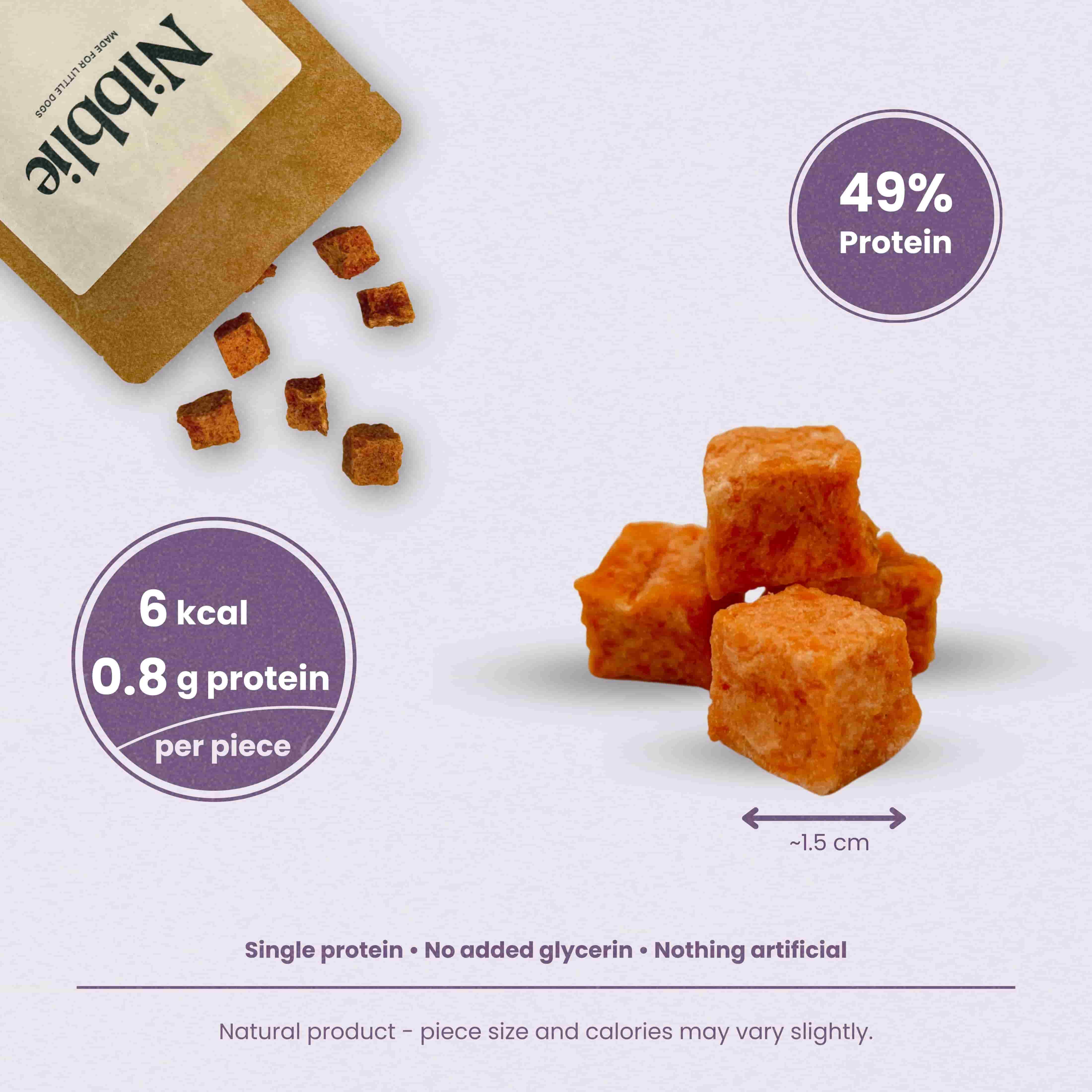Nibblie Salmon Crunch Cubes – natural omega-3 salmon treats for small dogs, crunchy single-protein cubes.