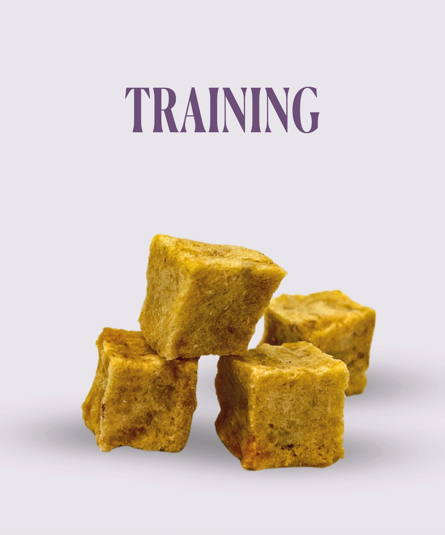 White Fish Cube treats stacked on a light purple background with 'TRAINING' text.